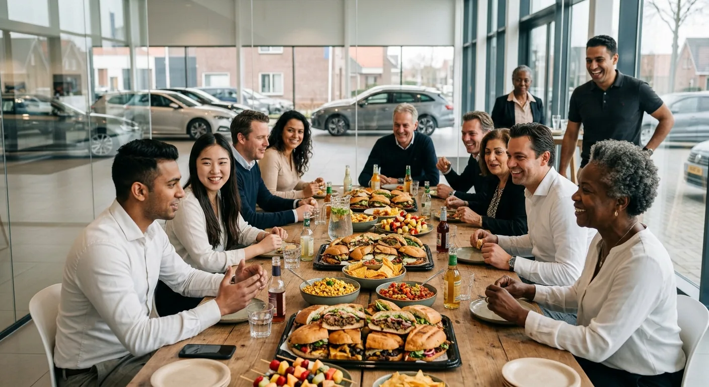 Collega's die samen lunchen aan een lange tafel op kantoor